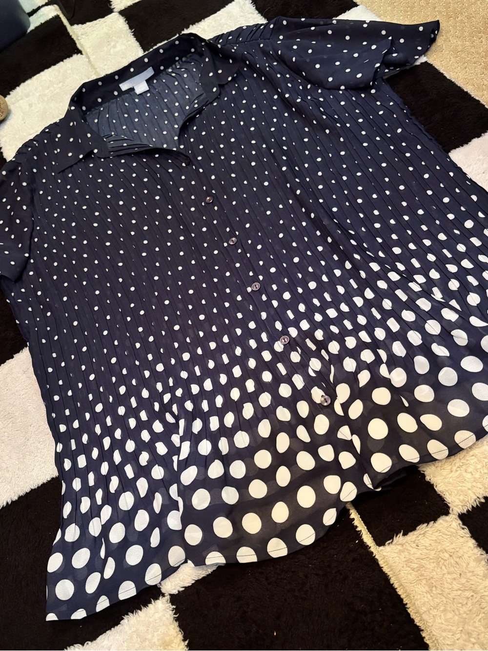 Only Necessities Navy and White Polka Dot Pleated Top